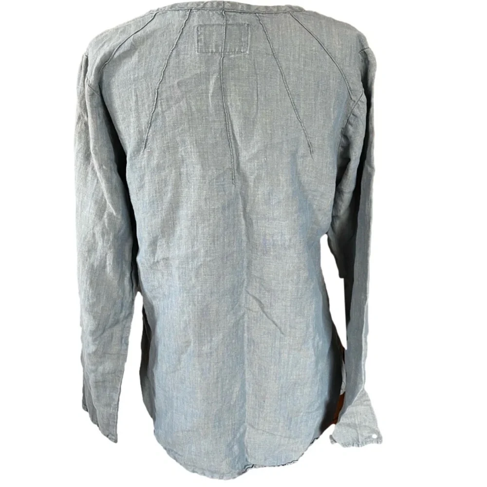 Flax Blue Tunic Minimalist 100% Linen Long Sleeves w/ Pintuck Detail Sz SP - Picture 6 of 11